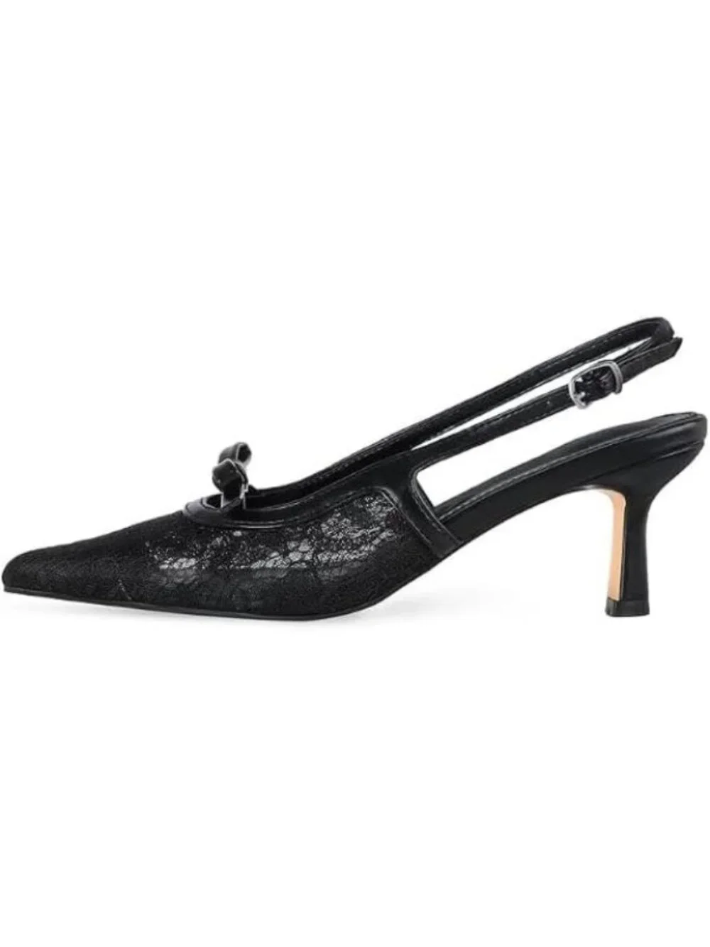 Women's Mesh Black Kitten Heels with Bow Pointed Close Toe Pumps Dress Party